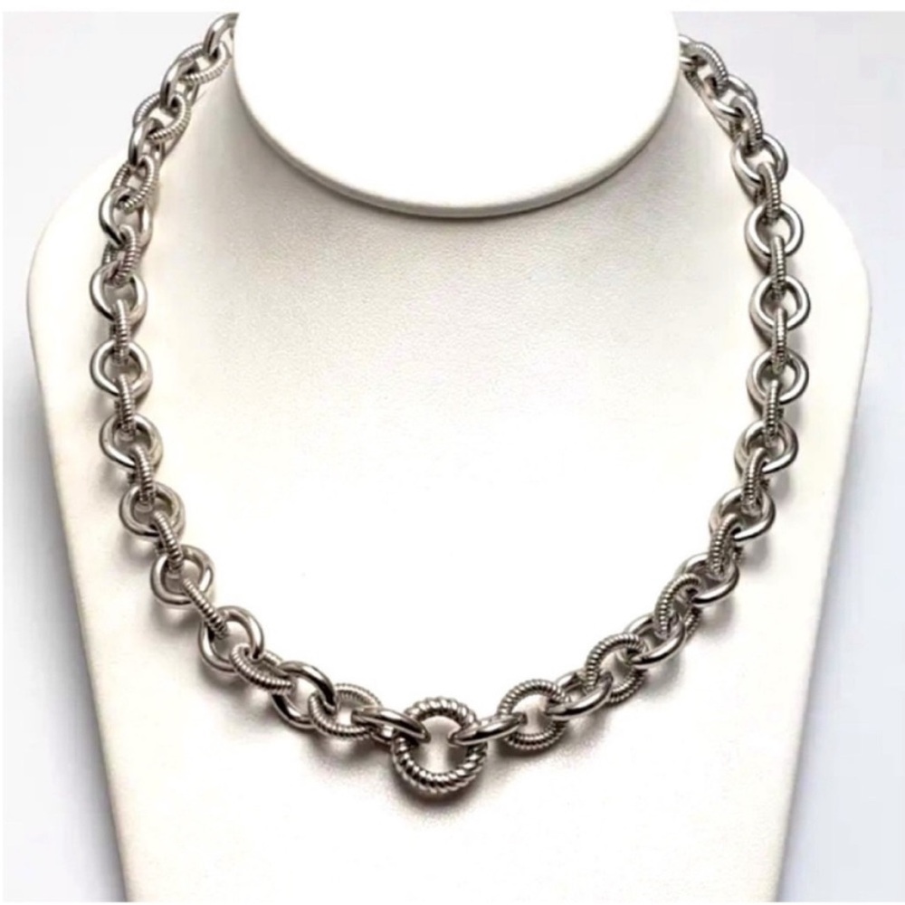 Judith Ripka .925 Silver Textured Rolo Link Barrel Chain Necklace 18.5” 100g - Picture 2 of 14